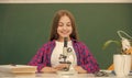 happy teen girl using microscope. back to school. study biology, chemistry laboratory Royalty Free Stock Photo