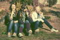 Happy teen girls eating an ice cream outdoor Royalty Free Stock Photo