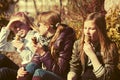 Happy teen girls eating an ice cream outdoor Royalty Free Stock Photo