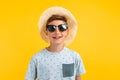 Happy teen guy in a summer hat and sunglasses, posing on an isolated yellow background Royalty Free Stock Photo