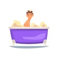 Happy Teen Taking Bath, Male Character Relaxing in Bathtub Full of Foam Vector Illustration