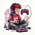 Happy teenage boy playing console, generative AI. Royalty Free Stock Photo