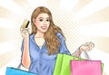 Happy teenage girl shopping using credit card and paying cash. Royalty Free Stock Photo