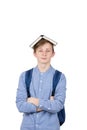 Happy teenager boy smiling and looking to camera holding book on his head. Book lover. Ready to study hard Royalty Free Stock Photo