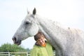 Happy teenager boy and white horse at the field Royalty Free Stock Photo