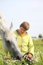 Happy teenager boy and white horse at the field Royalty Free Stock Photo