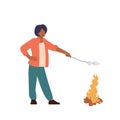 Happy teenager girl tourist cartoon character frying skewered marshmallow on open camp bonfire