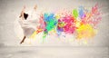 Happy teenager jumping with colorful ink splatter on urban background Royalty Free Stock Photo