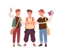 Happy teenager male kids with backpack, bags and book stand together vector flat illustration. Group of positive school Royalty Free Stock Photo