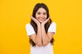 Happy teenager, positive and smiling emotions of teen girl. Headshot portrait of teenager child girl isolated on studio Royalty Free Stock Photo