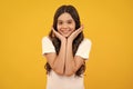 Happy teenager, positive and smiling emotions of teen girl. Headshot portrait of teenager child girl isolated on studio Royalty Free Stock Photo