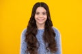 Happy teenager, positive and smiling emotions of teen girl. Portrait of beautiful happy smiling teenage girl on yellow Royalty Free Stock Photo