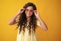 Happy teenager, positive and smiling emotions of teen girl. Tennager child girl wear sunglasses looking at camera with