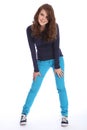 Happy teenager school girl fun in blue jeans Royalty Free Stock Photo