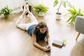 A happy teenager is texting on a mobile phone, lying on the floor in the living room. Modern technologies, online Royalty Free Stock Photo