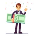 Happy teenager winner holding money dollars prize. Lottery, good luck and casino gambling vector concept