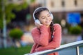 Happy teener enjoy listening to music. Melomaniac teenager listening song outdoors Royalty Free Stock Photo