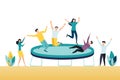 Happy Teens Jumping on Trampoline, Friends Cheering. Young People Having Fun Jump and Bouncing, Spare Time, Activity, Amusement