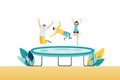 Happy Teens Jumping on Trampoline, Friends Cheering. Young People Having Fun Jump and Bouncing, Spare Time, Activity, Amusement Royalty Free Stock Photo