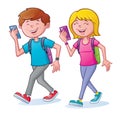 Happy Teens Walking and Looking At Cell Phones