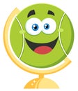 Happy Tennis Ball Cartoon Character On Desk Globe