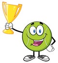 Happy Tennis Ball Cartoon Character Holding A Trophy Cup