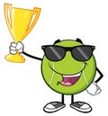 Happy Tennis Ball Cartoon Character With Sunglasses Holding A Trophy Cup