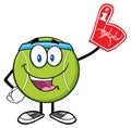 Happy Tennis Ball Cartoon Mascot Character Wearing A Foam Finger