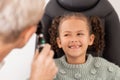 Happy, test and child with eye doctor for eyesight, vision or retina testing at an optometrist appointment. Smile