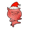 happy textured cartoon of a pig dancing wearing santa hat