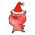 happy textured cartoon of a pig wearing santa hat