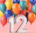 Happy 12th birthday background with colourful balloons. 3D Rendering