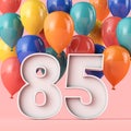 Happy 85th birthday background with colourful balloons. 3D Rendering