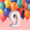 Happy 9th birthday background with colourful balloons. 3D Rendering Royalty Free Stock Photo