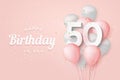 Happy 50th birthday balloons greeting card background.