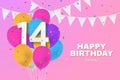 Happy 14th birthday balloons greeting card background.