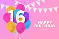 Happy 16th birthday balloons greeting card background. Royalty Free Stock Photo