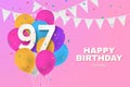 Happy 97th birthday balloons greeting card background.