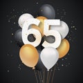 Happy 65th birthday balloons greeting card background.