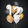 Happy 12th birthday balloons greeting card background.