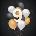 Happy 9th birthday balloons greeting card background. Royalty Free Stock Photo