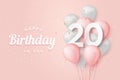 Happy 20th birthday balloons greeting card background.