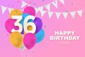 Happy 36th birthday balloons greeting card background. Royalty Free Stock Photo