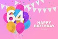 Happy 64th birthday balloons greeting card background.