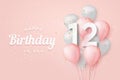 Happy 12th birthday balloons greeting card background.