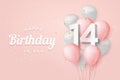 Happy 14th birthday balloons greeting card background.