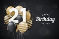 Happy 21th birthday balloons greeting card black background.