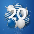 Happy 20th birthday with blue balloons greeting card background. Royalty Free Stock Photo