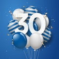 Happy 30th birthday with blue balloons greeting card background. Royalty Free Stock Photo