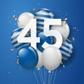 Happy 45th birthday with blue balloons greeting card background.